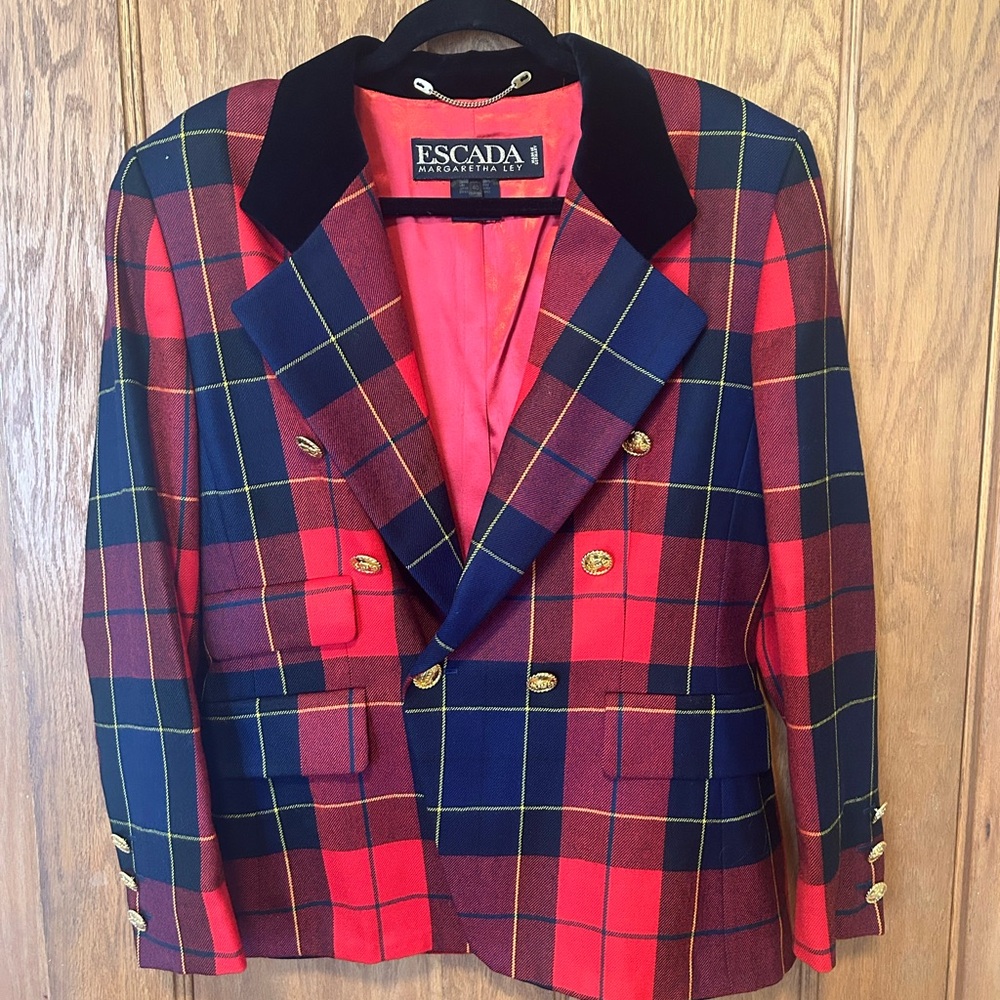 Vintage Escada Margaretha Ley Plaid Blazer w/ Velvet Collar & Gold Buttons